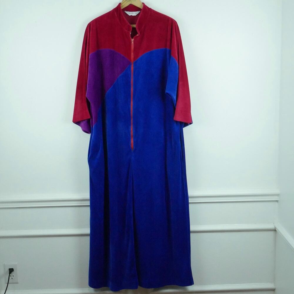 Vintage Large Housecoat Velour Colorblock 70s Kimono Sleeve Velvet Glam Lounge‎
